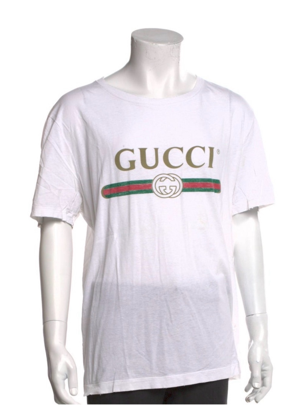 Gucci White Short Sleeve Logo Tee with Red-Green Stripe